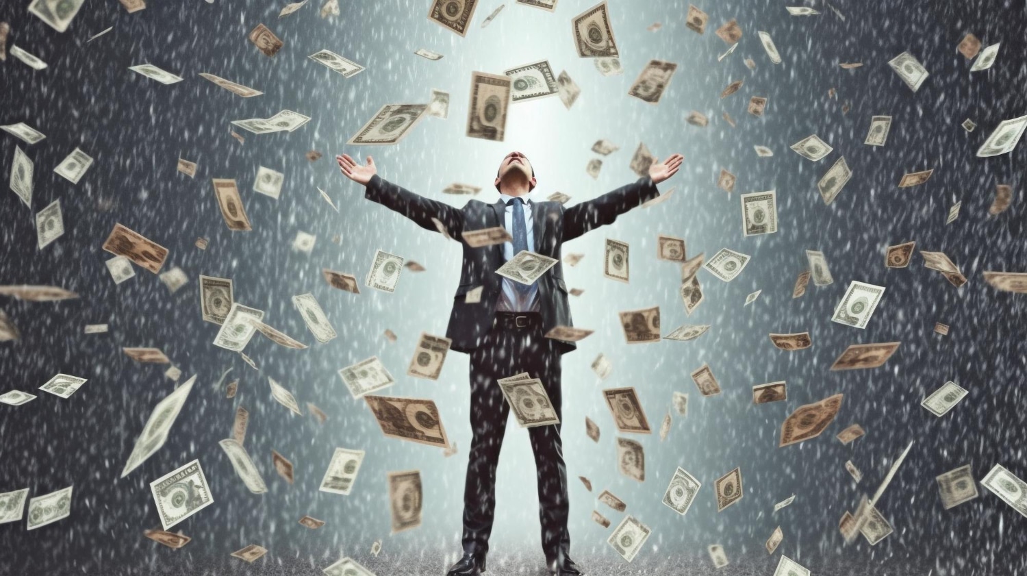 A Rich Businessman Standing Under A Rain Of Cash