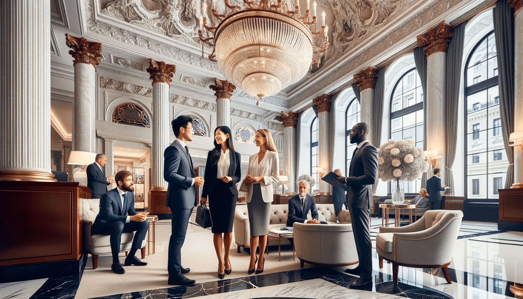 A Group Of People Waiting In The Lobby Of A Swiss Bank