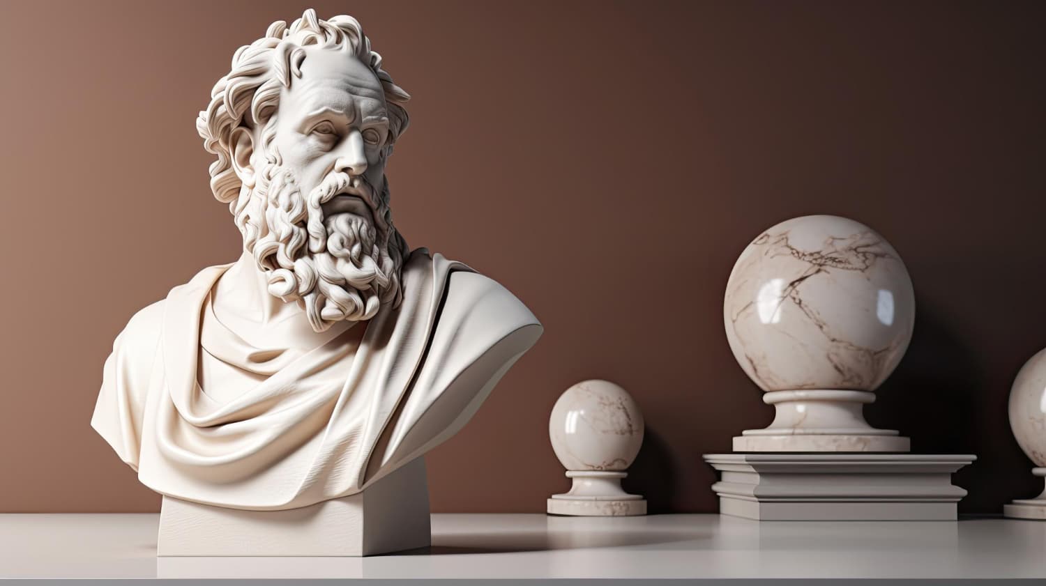 Classical Bust Of Philosopher Beside Marble Globes