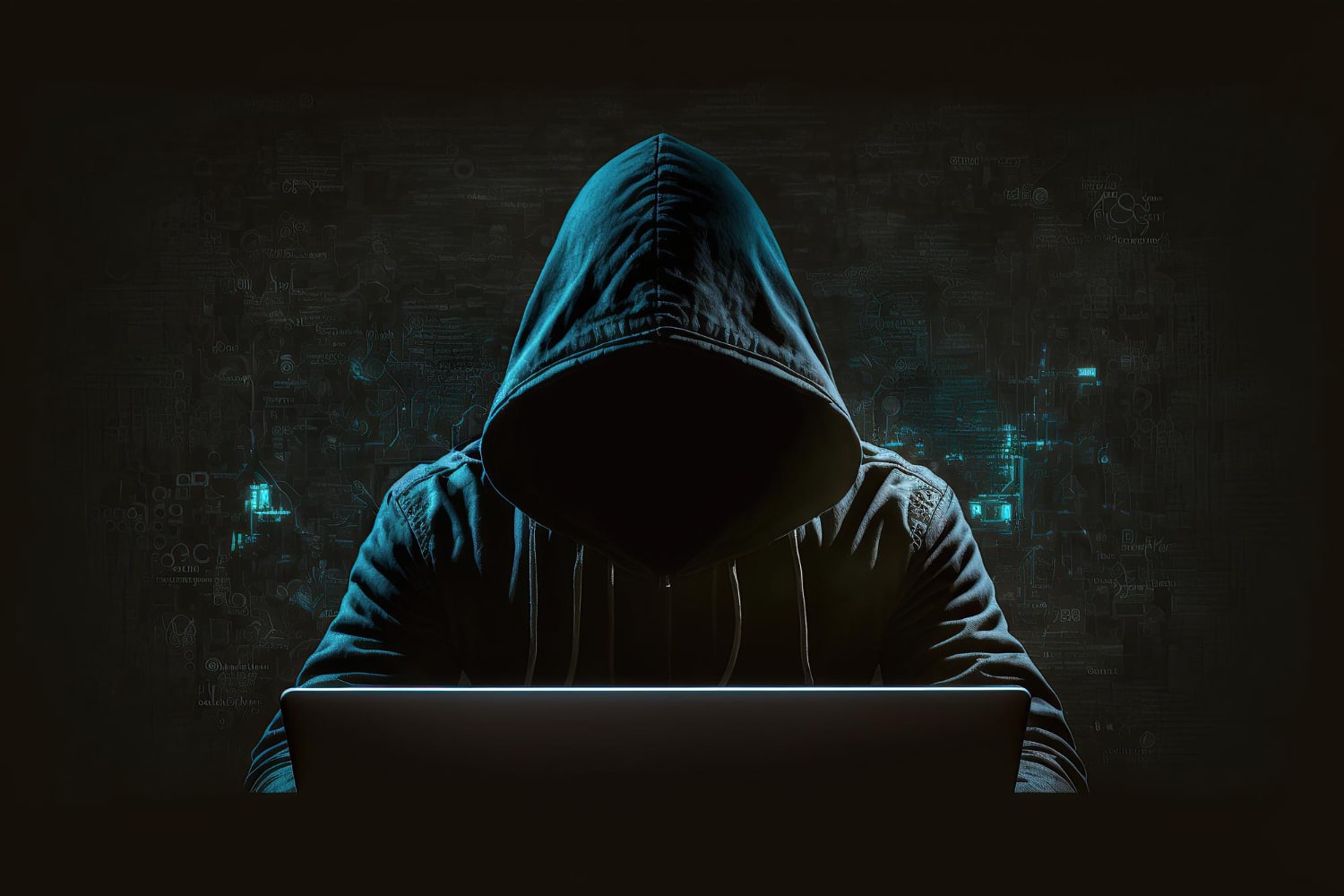 Mysterious Figure In Hood Using Computer In Darkness
