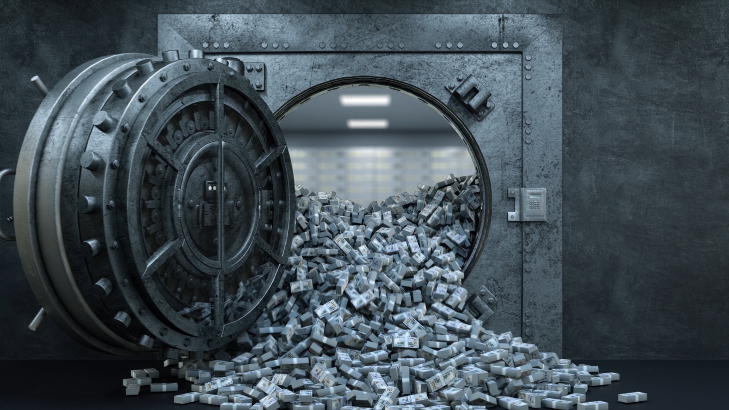 Open Offshore Bank Vault Overflowing With Stacks Of Money