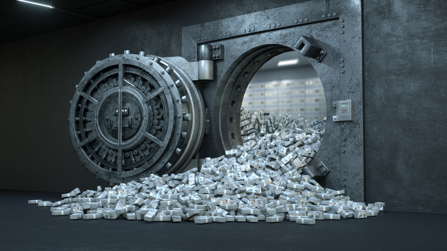 Vault Door Opens Revealing Abundance Of Stacked Money Bundles