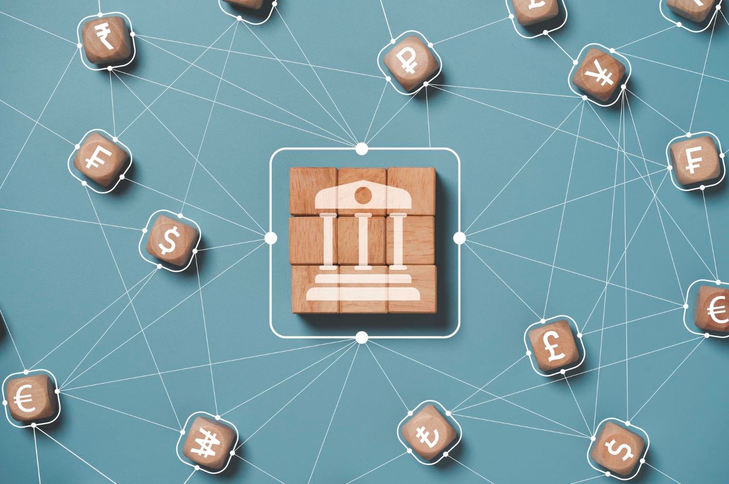 Wooden Icons Of Banks And Various Currencies