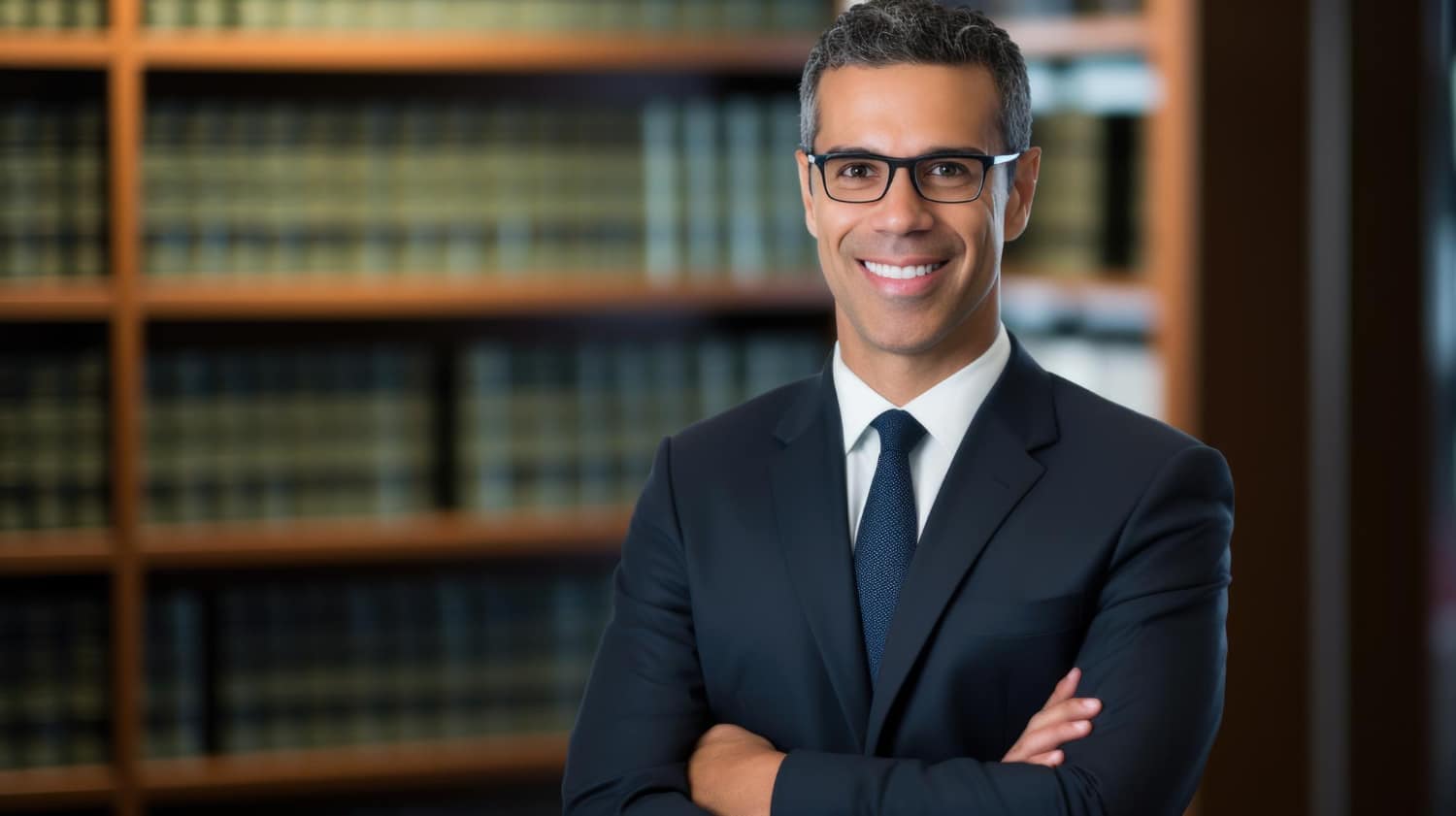 Confident Male Lawyer In Office With Bookshelf Behind