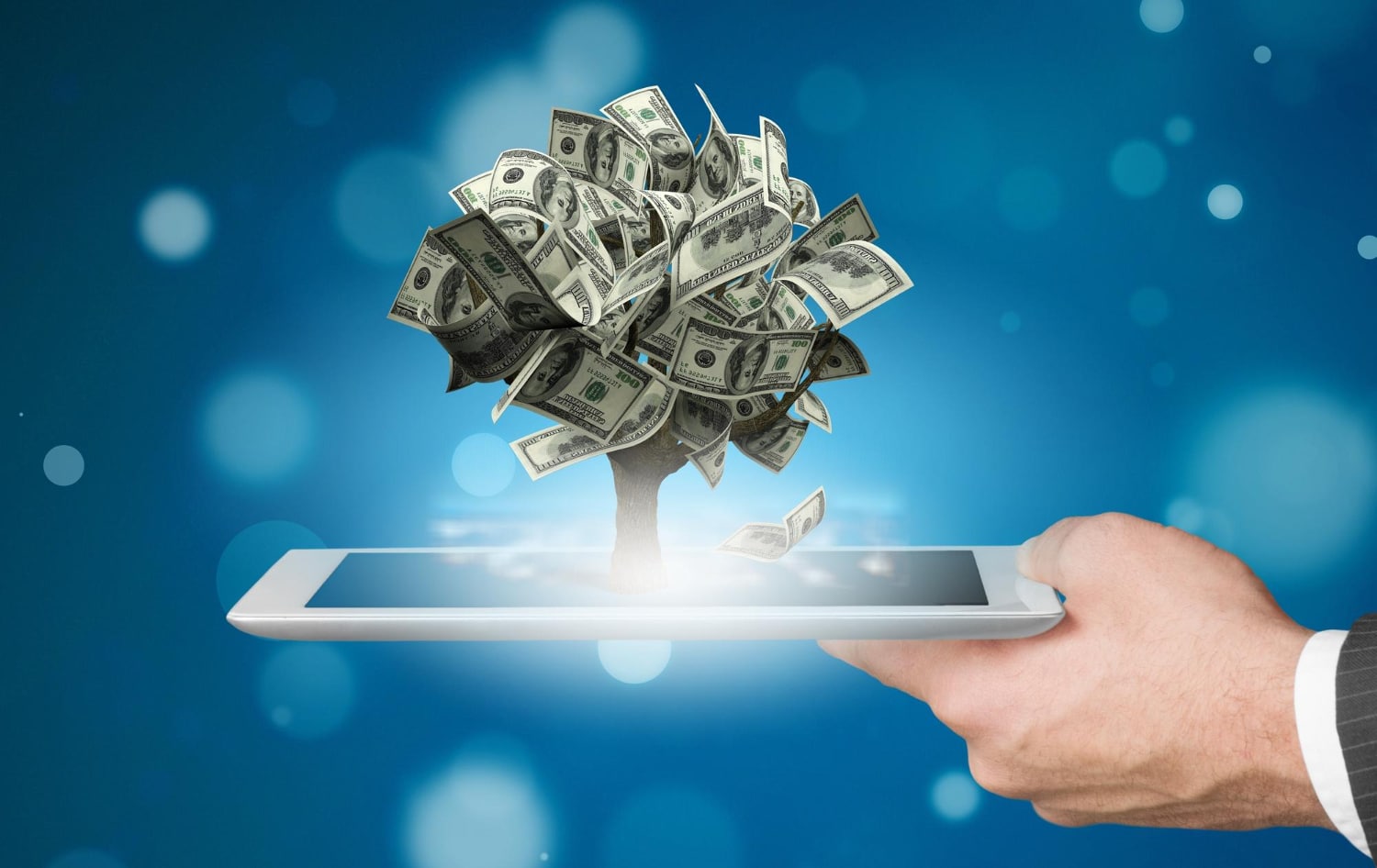 Digital Tablet Growing Money Tree Concept
